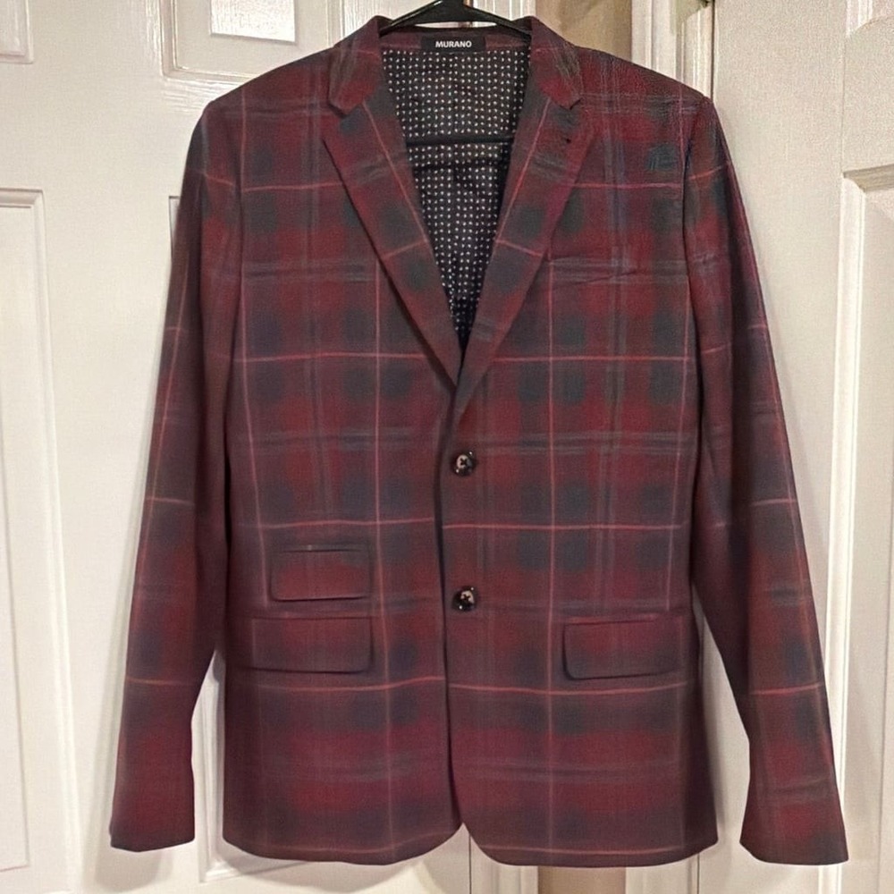 Murano Kids Slim Fit Plaid Blazer Jacket Burgundy Red Black 14/16 /Men XS